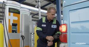 Santa Clara Valley Transit Authority depot personnel using ChargePoint CPE 250 charging stations to charge their electric transit buses.