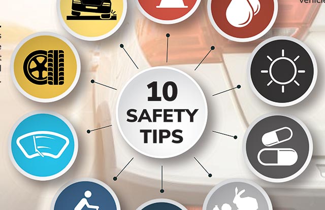 Illustration of car safety tips surrounded by icons, including a tire, sun, medications, and windshield wipers.
