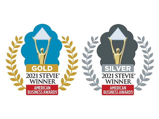 Gold and Silver 2021 Stevie Winner badges with laurel wreaths from the American Business Awards.