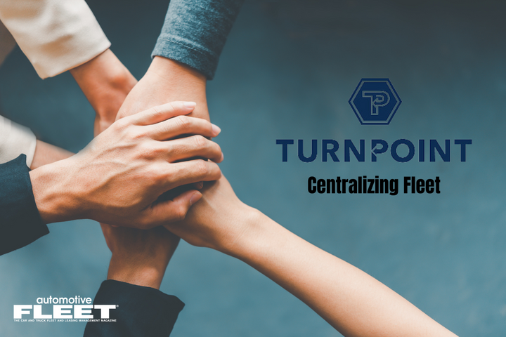 Several hands joined in teamwork, with "Turnpoint: Centralizing Fleet" text and logo on a blue background.