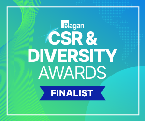 Ragan CSR & Diversity Awards Finalist" text on colorful background with abstract lines and a map outline.