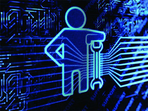Blue digital figure holding a wrench, standing against a circuit board background.