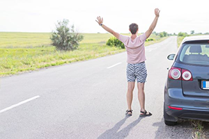 Person stands with arms raised by a parked car on a rural road, surrounded by fields and a clear sky.