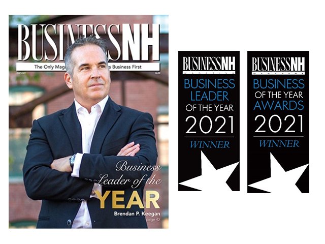 Magazine cover featuring a man in a suit with two award banners for Business Leader of the Year 2021.