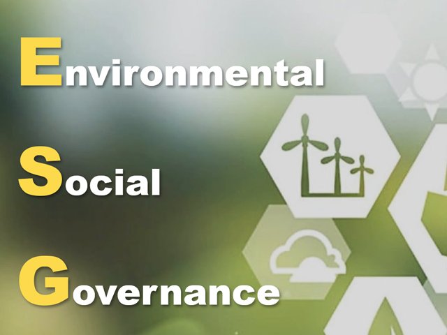 Text reading "Environmental, Social, Governance" with eco-themed icons on a green, hexagonal pattern background.