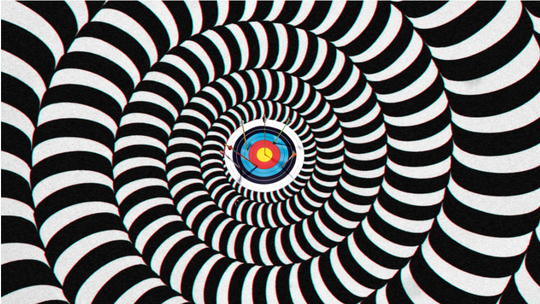 Spiral illusion with black and white stripes, leading to a colorful target at the center.