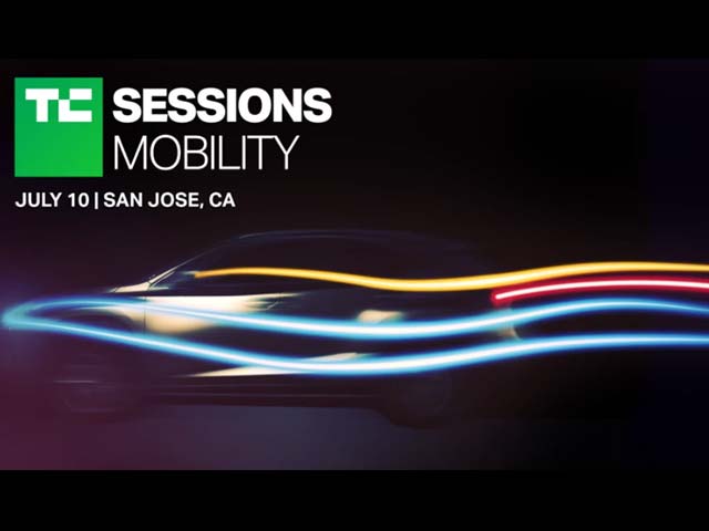 Tech conference ad with car silhouette and colorful light trails. Text: "TC Sessions Mobility, July 10 | San Jose, CA.