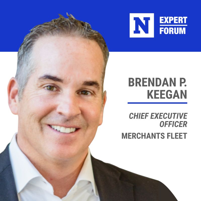 Smiling man in a suit with "Expert Forum" text; labeled as Brendan P. Keegan, CEO of Merchants Fleet.