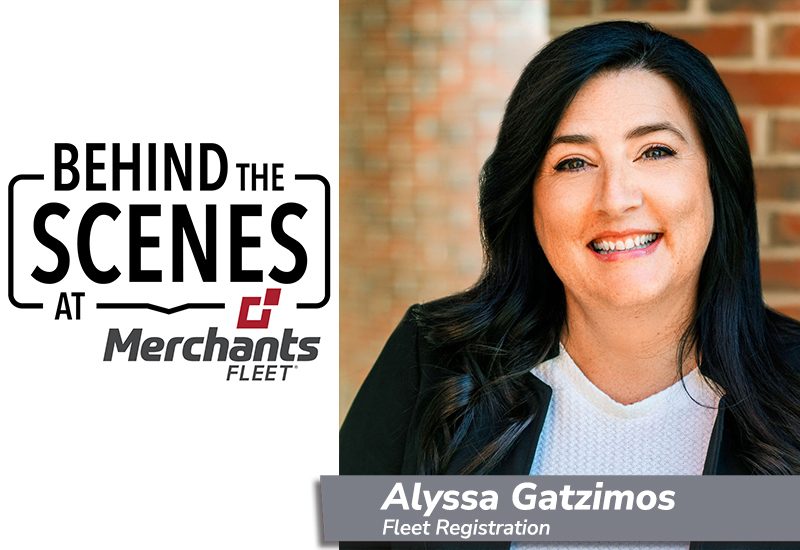 Woman smiling with text "Behind the Scenes at Merchants Fleet" and name "Alyssa Gatzimos, Fleet Registration.