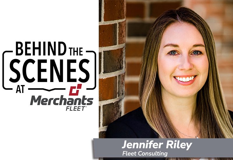 Woman smiling beside a "Behind the Scenes at Merchants Fleet" logo, with text: "Jennifer Riley, Fleet Consulting.
