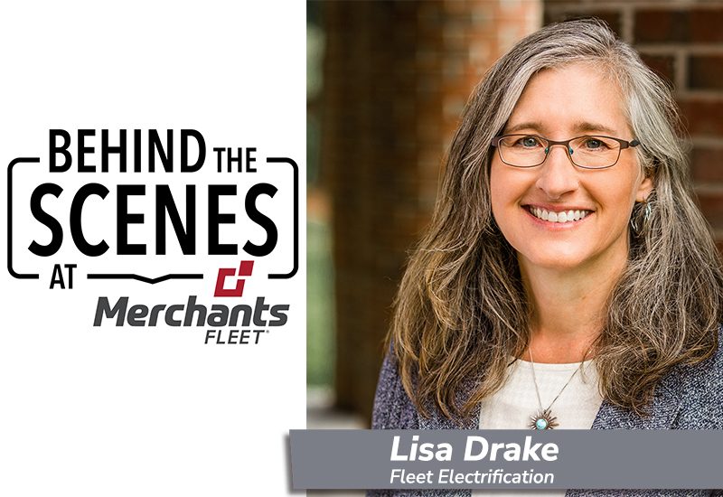Woman with glasses smiling; text reads "Behind the Scenes at Merchants Fleet - Lisa Drake, Fleet Electrification.