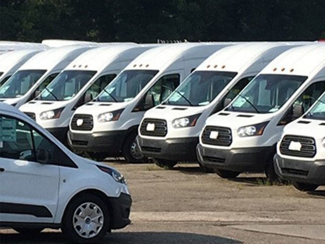 Several white vans parked in a row on a paved lot, with trees in the background.