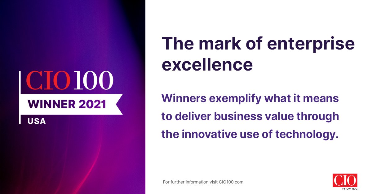 CIO100 Winner 2021 logo with text about enterprise excellence and technology innovation, set on a purple background.