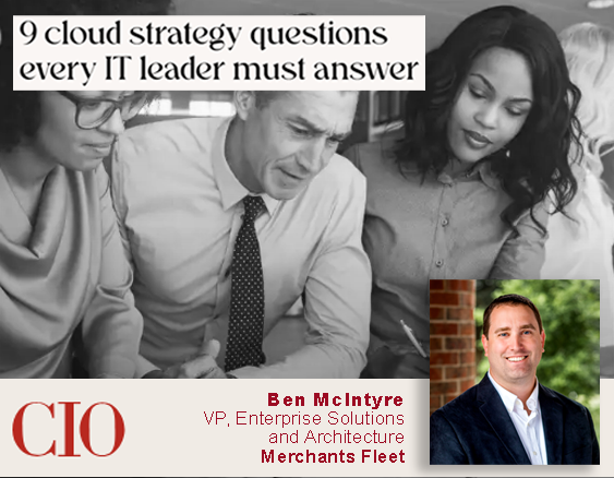 Group of three discussing with "9 cloud strategy questions" heading, man in suit inset, and CIO logo displayed.