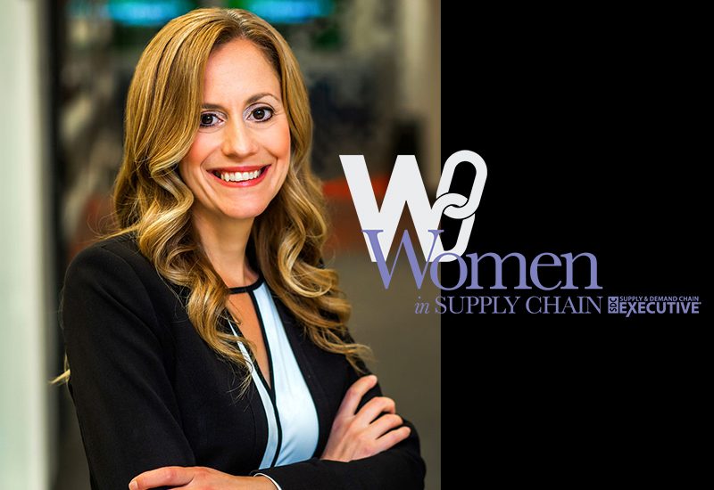 Businesswoman smiling; "Women in Supply Chain" text with a chain graphic on the right side.