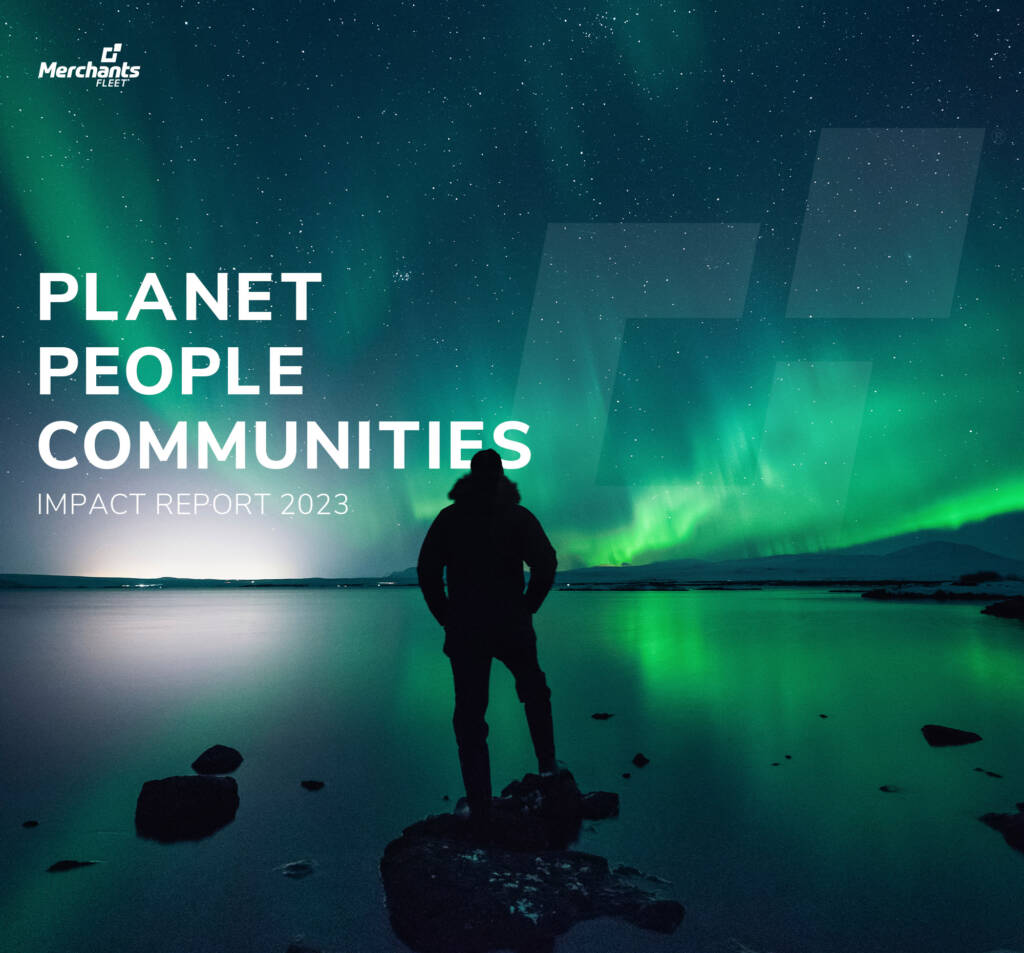 Silhouette of a person by a lake, gazing at the aurora borealis. Text: "Planet People Communities Impact Report 2023".