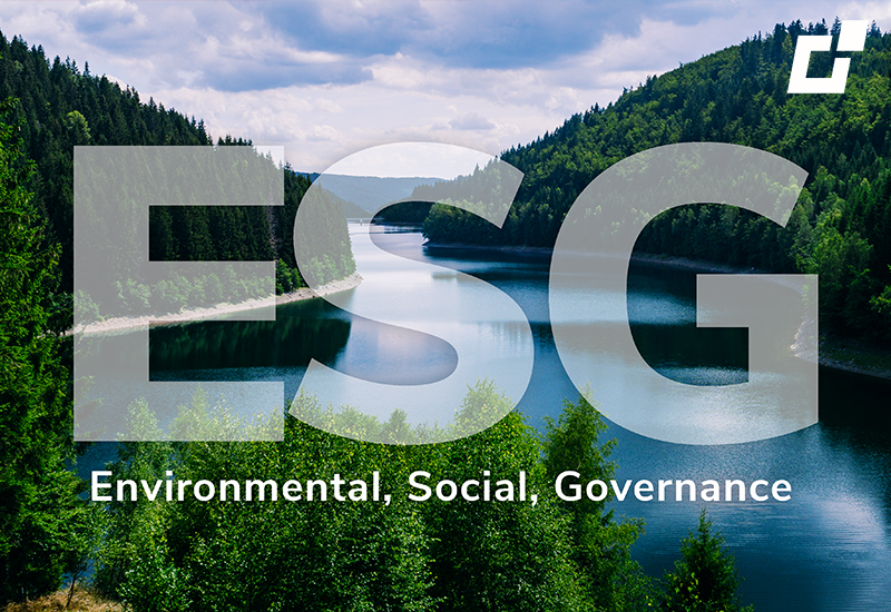 A river amid lush green forests, overlaid with "ESG Environmental, Social, Governance" text.