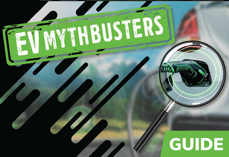 EV Mythbusters Guide" cover image with a magnifying glass and electric vehicle charging graphic.