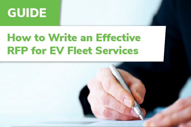 Hand holding a pen over paper, next to text about writing an RFP for EV fleet services.
