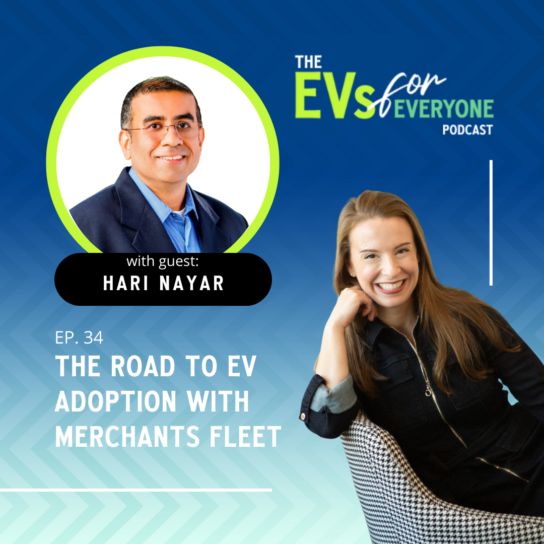 Podcast cover featuring a smiling man and woman, with text about Episode 34 on EV adoption with Hari Nayar.