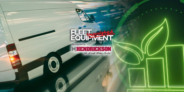 White van with "Fleet Equipment" text, eco-friendly leaf and bar graphic, and "Hendrickson" logo in the background.