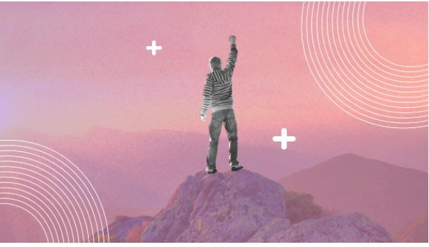 Person standing on a rock with a raised fist, set against a pink sky with geometric patterns.