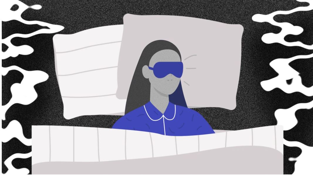 Illustration of a person in a blue sleep mask resting in bed, surrounded by dream-like clouds.