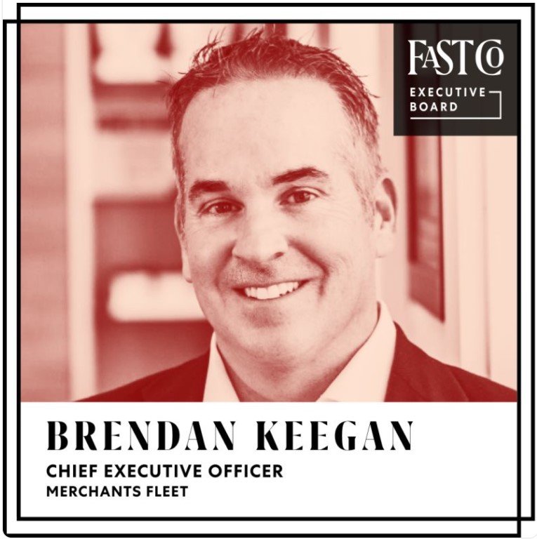 Man in a suit smiling, labeled as Chief Executive Officer of Merchants Fleet, on Fast Co Executive Board.