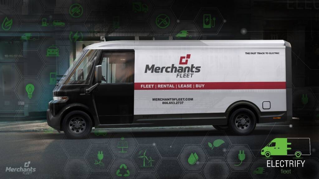 Electric delivery van with "Merchants Fleet" branding, parked on a street, surrounded by green technology icons.