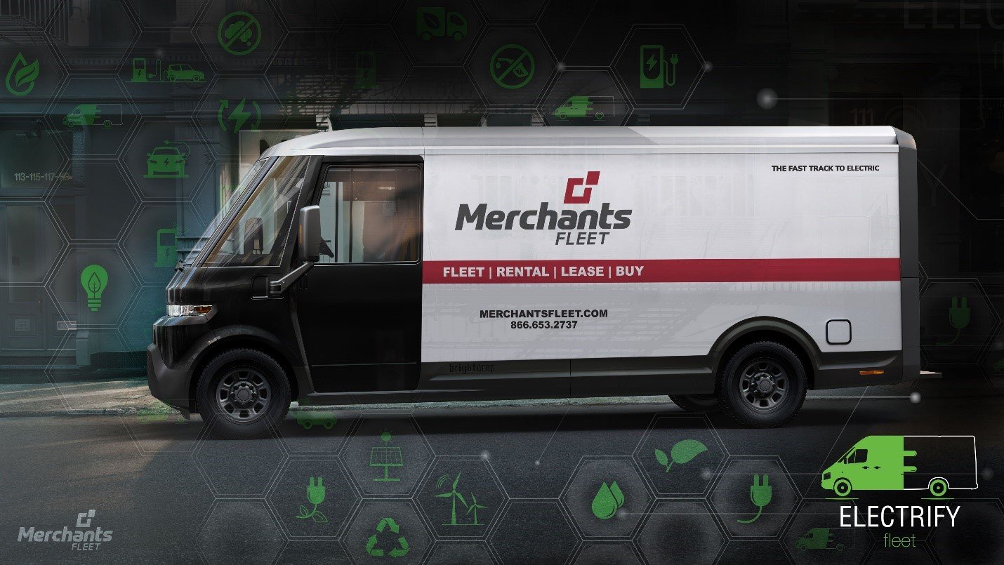 Electric delivery van with "Merchants Fleet" branding, parked on a street, surrounded by green technology icons.