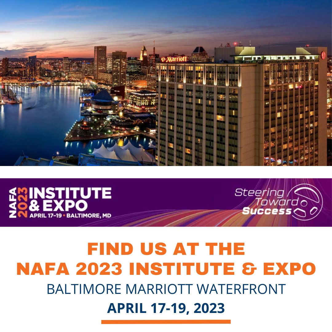 Baltimore skyline with NAFA 2023 Institute & Expo details, April 17-19, at Baltimore Marriott Waterfront.