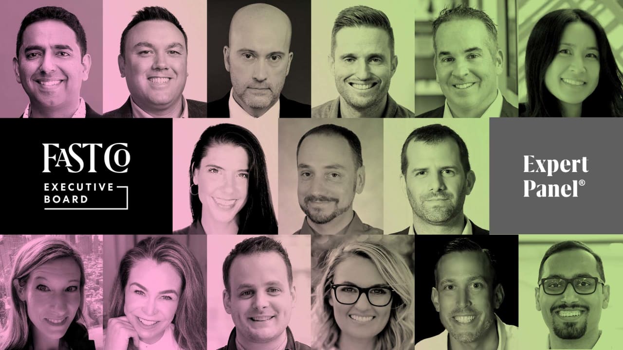 Collage of diverse professionals from the Fast Co. Executive Board Expert Panel in a mix of pastel tones.