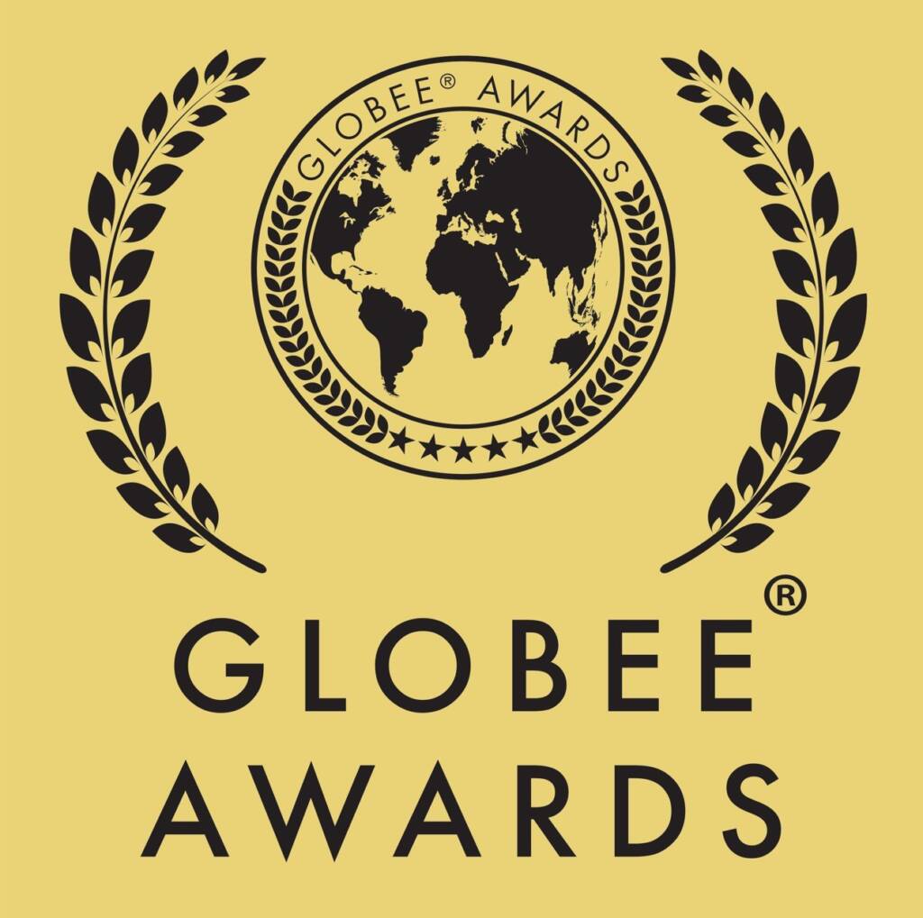 Globee Awards logo featuring a globe with laurel wreaths on a yellow background.