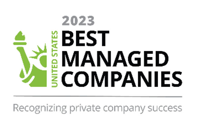 Logo of "2023 United States Best Managed Companies" with a green torch icon and text about recognizing success.