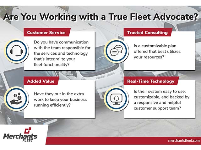 Infographic discussing customer service, consulting, value, and technology for fleet advocacy by Merchants Fleet.
