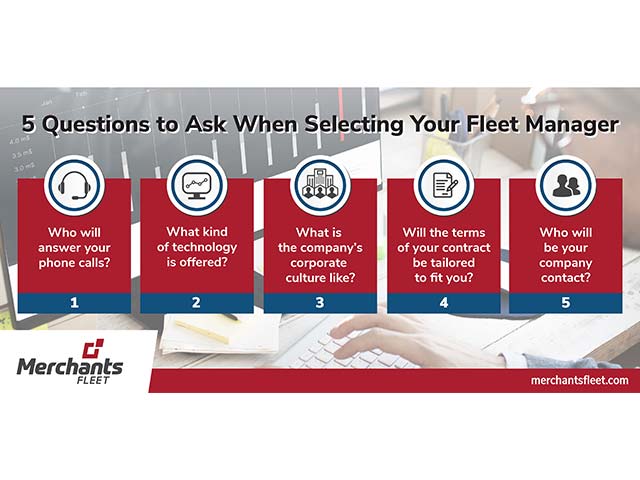 Questions to ask when selecting a fleet manager with five key questions highlighted in icons.