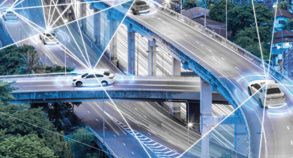 Futuristic city scene with connected autonomous cars on elevated highways, surrounded by illuminated network lines.