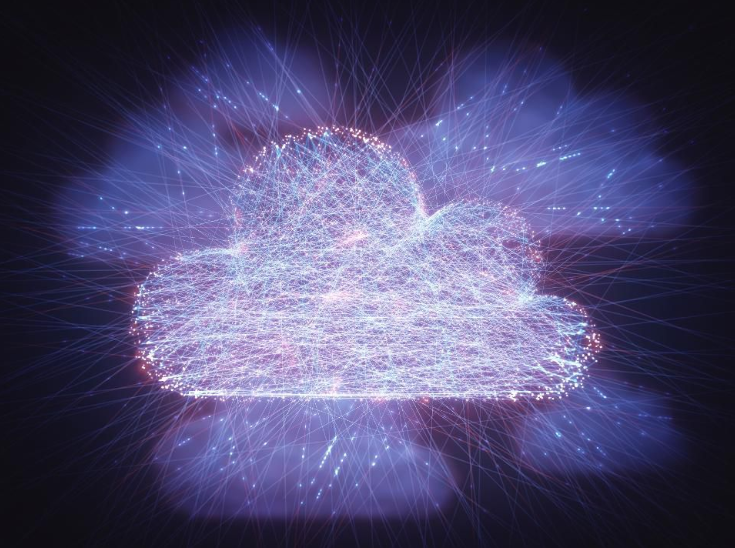 Digital cloud shape made of interconnected glowing lines and particles on a dark background.