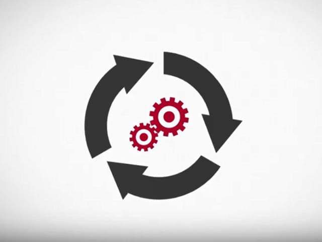 Circular arrows with two red gears in the center on a white background.