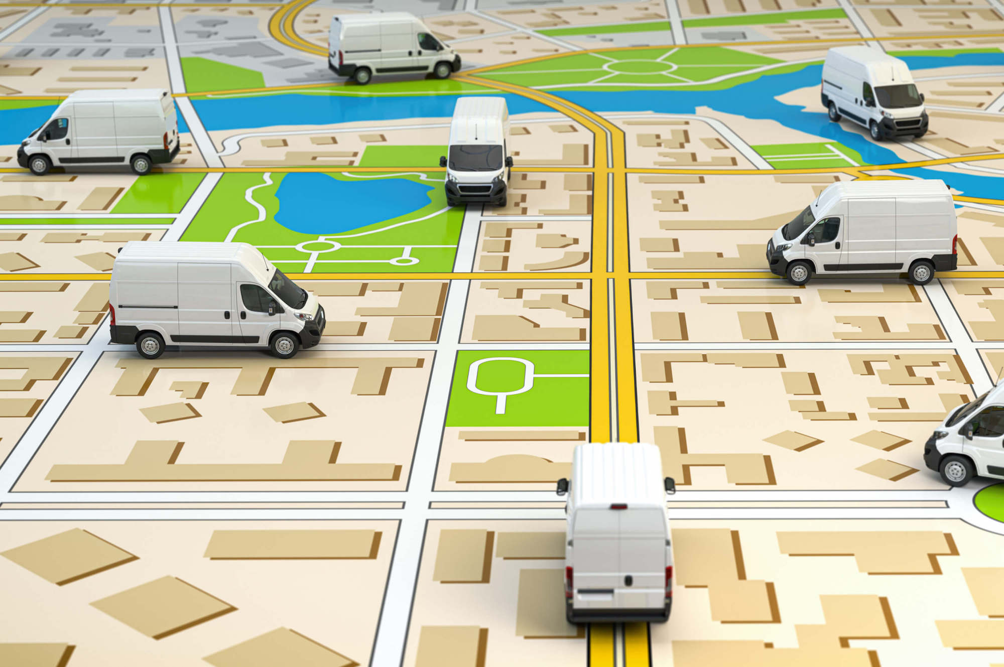 Map illustration with several white delivery vans traveling on roads, surrounded by parks and water bodies.