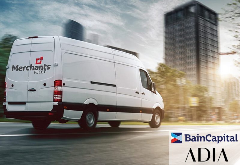 White van labeled "Merchants Fleet" driving in a city; Bain Capital and ADIA logos in the corner.