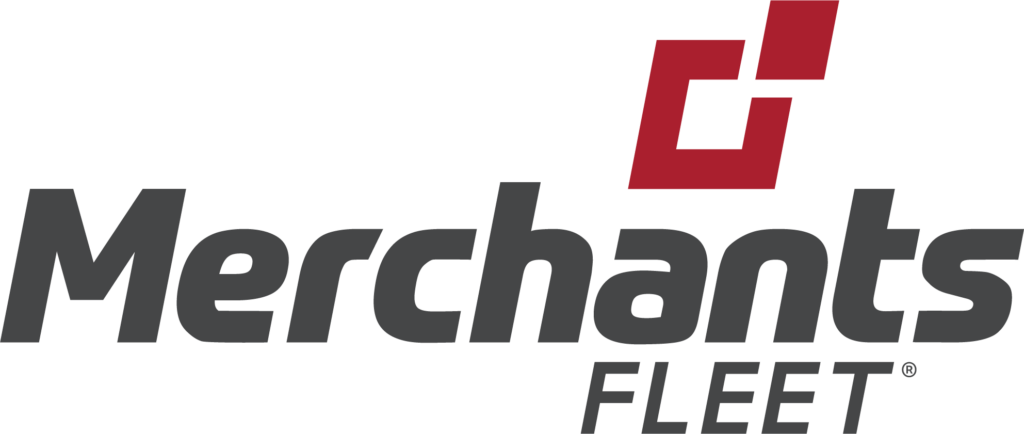 Merchants Fleet logo, gray text with red geometric design above.