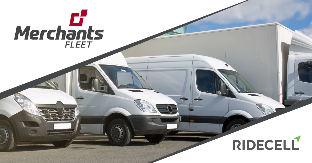White commercial vans parked in a lot, with Merchants Fleet and Ridecell logos displayed.