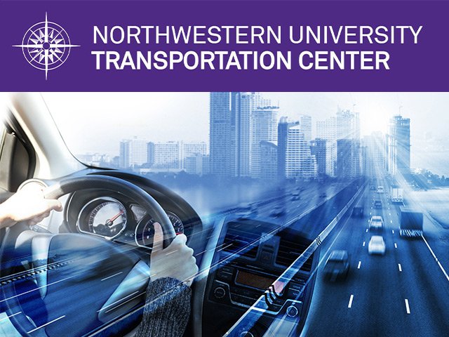 Hands on car steering wheel, with cityscape and highway background; Northwestern University Transportation Center logo.