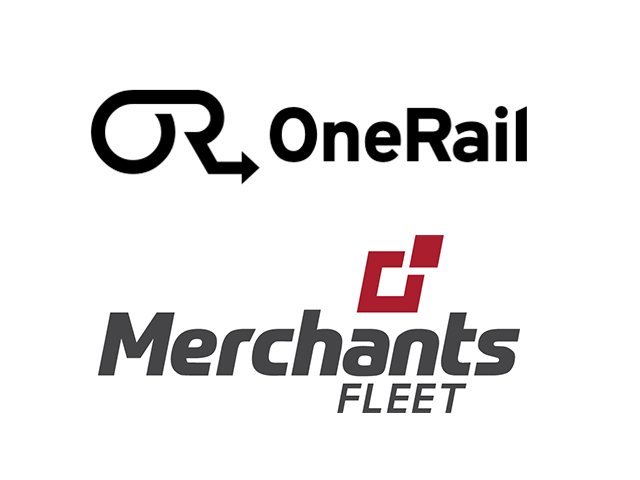 OneRail and Merchants Fleet logos, black text for OneRail with arrow symbol, red and gray text for Merchants Fleet.