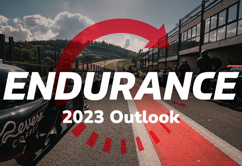 Race track with bikes and riders, "ENDURANCE 2023 Outlook" text overlaid with a red arrow graphic.