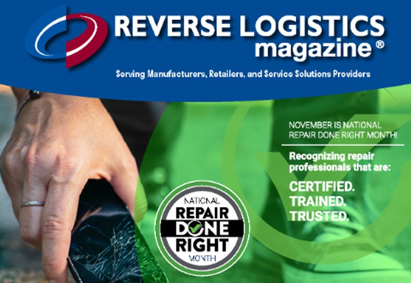 Hand holding a cracked smartphone, Reverse Logistics magazine cover promoting National Repair Done Right Month.