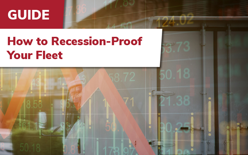Guide on recession-proofing a fleet, with a red arrow and financial data background.
