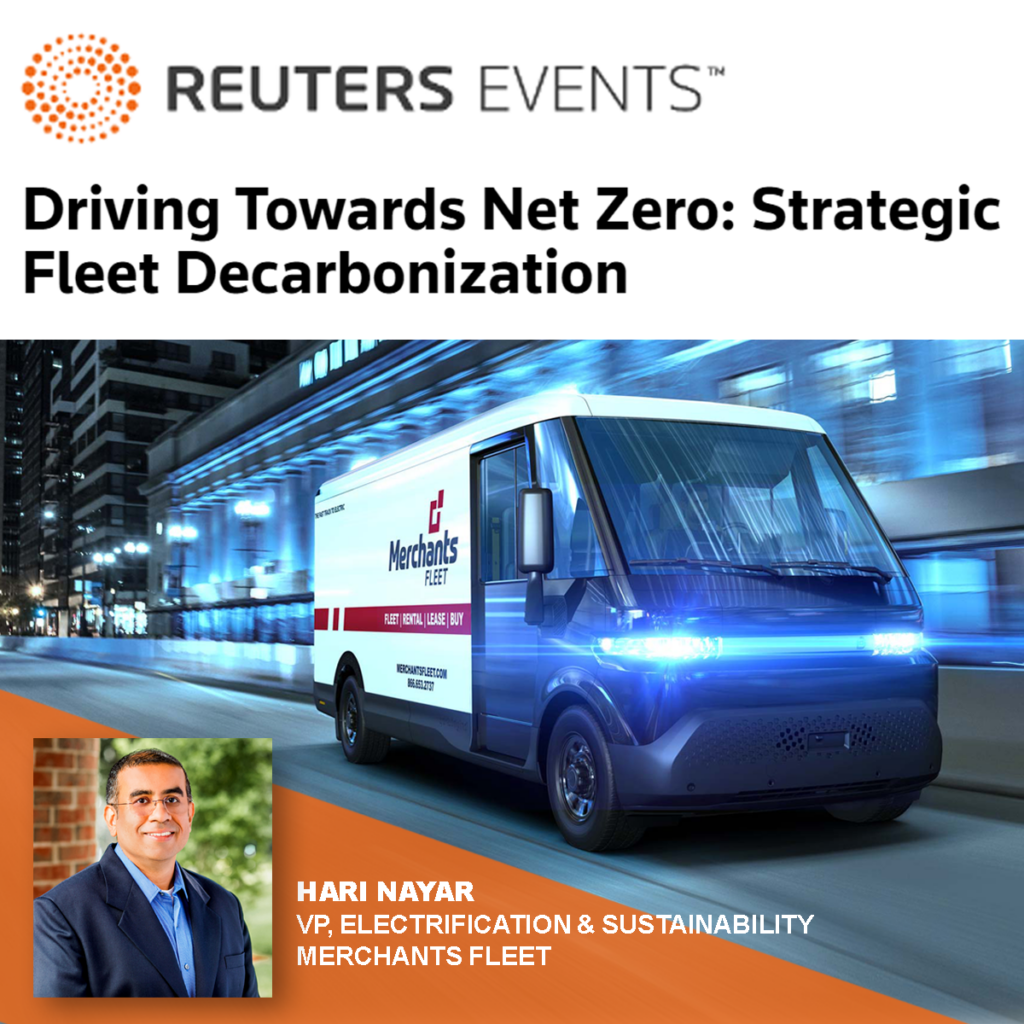 Electric van with "Driving Towards Net Zero" text and a man's photo labeled "Hari Nayar, VP, Merchants Fleet.