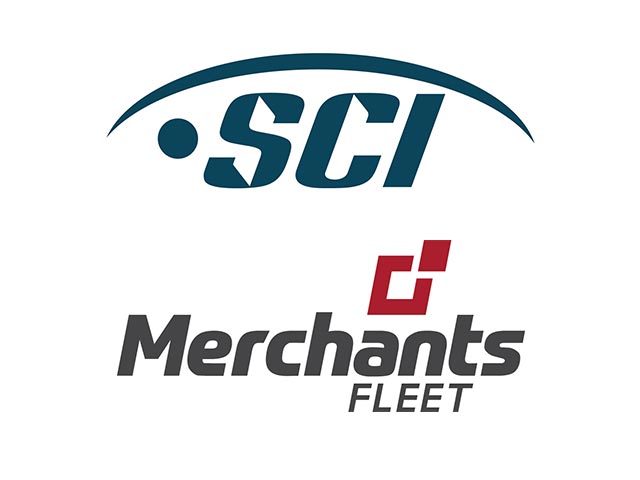 Logos of SCI with a swoosh design above and Merchants Fleet with red geometric shapes.